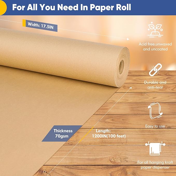 Vanhench Brown Wrapping Paper Roll, Craft Kraft Packing Paper 17.5"x 1200"(100') for Birthday Valentines Gift Bulletin Board Arts Bouquet Flower Table Covering Poster Shipping Supplies 70GSM 50LB