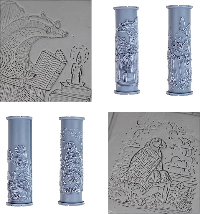 Cozy Critters Collection Clay Texture Rollers 4-Pack (4") - Storybook Set #01 - Embossing Pattern Rollers for Polymer & Ceramic Clay, Pottery & Crafts