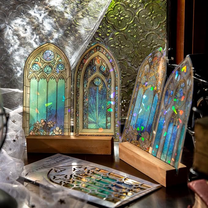60PCS Large Holographic Gothic Stained Glass Window Medieval Stickers – Vintage Clear Cathedral Religious Art Decals for Scrapbooking, Journaling, Christian Bible Study, Art Crafts Supplies