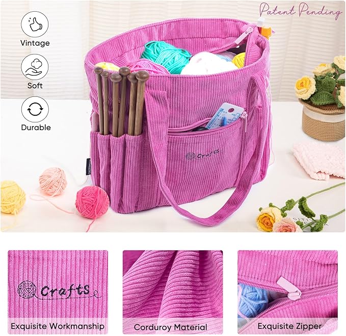Crochet Bag and Tote - Corduroy Yarn Bag - Yarn Holder for Crocheting - Crochet Storage Bag for Crochet Hooks, Crochet Accessories, Knitting Bag for Crochet Lovers, Mother's Day Gift