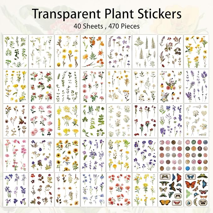 PRSTINCOL Flower Sticker Book, 40 Sheets 470pcs Floral Botanical Themed Journaling Supplies for Scrapbooking Supplies Aesthetic Junk Journal Craft DIY Craft Card Making Laptop
