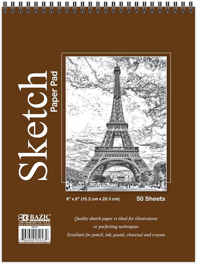 BAZIC Products Sketch Pad 50 Sheet 6" X 8", Top Bound Spiral Sketchbook Drawing Pads, Sketching Paper Coloring Book for Artist School, 48-Pack