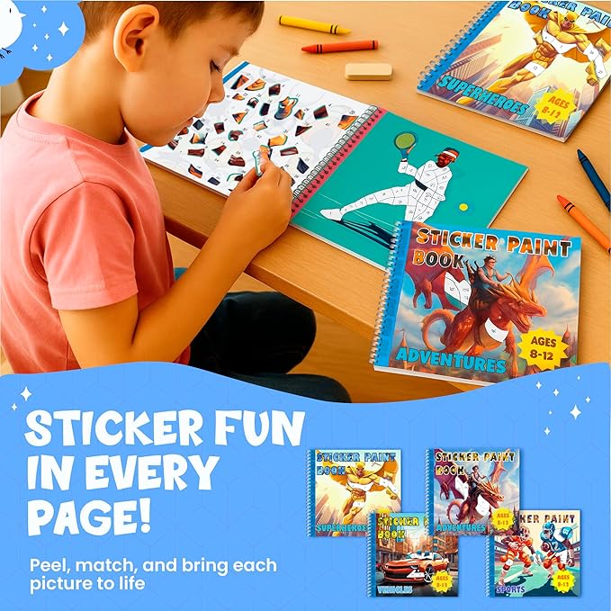 BulbaCraft 4Pcs Sticker Paint Books - Sticker Books by Number with Superheroes, Sports, Vehicles and Adventures - Coloring Activity