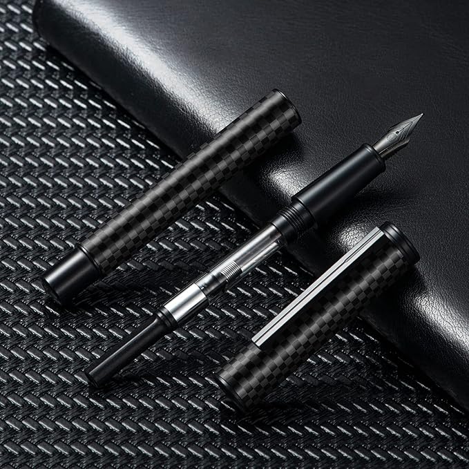 Hongdian 1861 Black Forest Carbon Fiber Fountain Pen, Long Blade Nib Modern Design Smooth Writing Pen with Converter and Metal Pen Case Set