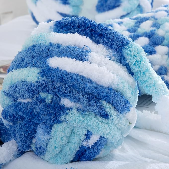 HOMBYS 8 Pack Giant Chunky Yarn for Crocheting and Knitting, Super Bulky Large Soft Fluffy Tie Dye Plush Fuzzy Mixed Color Thick Chenille Yarn (Blue, Sky Blue, White)