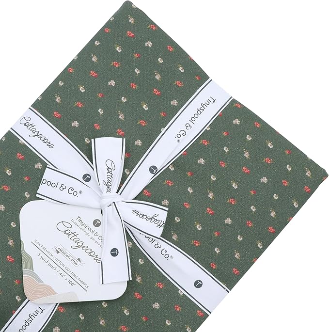 Tinyspool & Co. 100% American Cotton Fabric – 3 Yard Cut Quilting Fabric – Prewashed Preshrunk Yardage for Quilt Backing Borders Binding Sewing Crafts – Cottagecore No.19 – Dark Olive