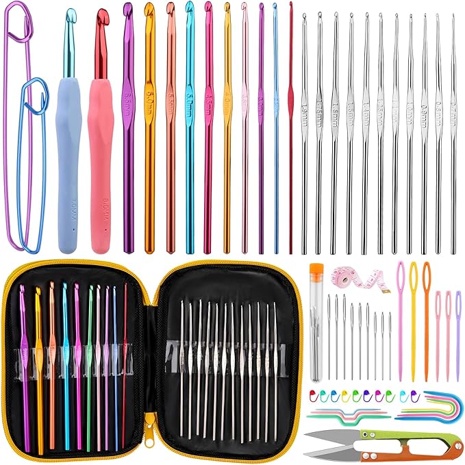 IMZAY 66 Pcs Crochet Needles Set, Crochet Hooks Set with Storage Case, Ergonomic Blunt Needles Stitch Marker DIY Hand Knitting Craft Art Tools for Beginners(Yellow)