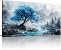 WENTIAO Canvas Wall Art For Living Room, Large Blue Lakeside Forest Wall Decor For Bedroom Painting Mountain Fog Landscape Wall Pictures Artwork Office Frame Canvas Art Modern Home Decoration 60X120cm