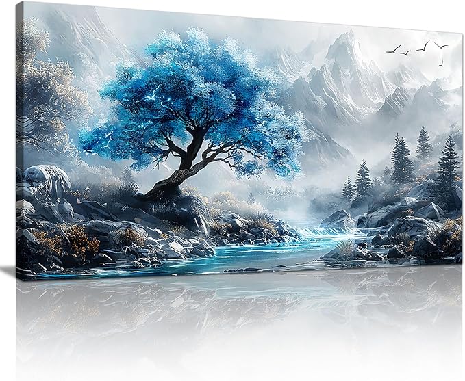 WENTIAO Canvas Wall Art For Living Room, Large Blue Lakeside Forest Wall Decor For Bedroom Painting Mountain Fog Landscape Wall Pictures Artwork Office Frame Canvas Art Modern Home Decoration 60X120cm