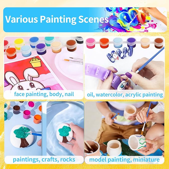 Yihurlm 40Pack Mini Acrylic Paint,12 Color Acrylic Paint Strips,40 Flat and 40 Pointed Brushes,Painting Party Supplies,Washable Mini Painting Kit Container Strips Storage for Artistic Craft Gift(3 ml)