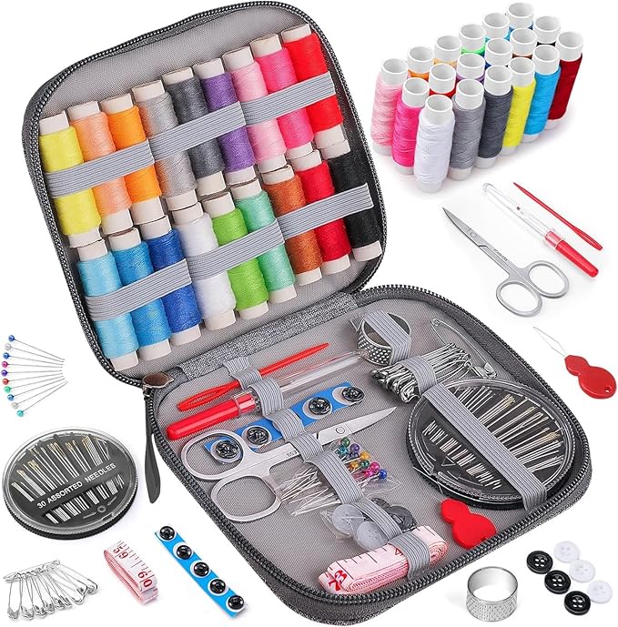 Travel Sewing Kit with Bag - Portable Sewing Supplies for Traveler, Adults, Beginner, Emergency, Kids,Contains Thread, Scissors, Needles, Tape Measure and Other Accessories (White)