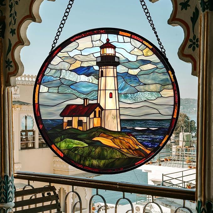 Stained Glass Window Hanging, Ocean Lighthouse Sun Catchers Glass Panel Blue Green Suncatcher Decor for Birthday for Women, Men, Wife, Aunt, and Mom 7.8 in
