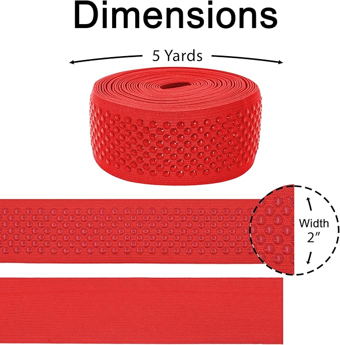 Mandala Crafts 2 Inch Elastic Silicone Gripper Tape for Clothing - 5 Yds Dotted Non Slip Elastic Band for Sewing - Red Silicone Flat Fabric Stretchy Ribbon Straps