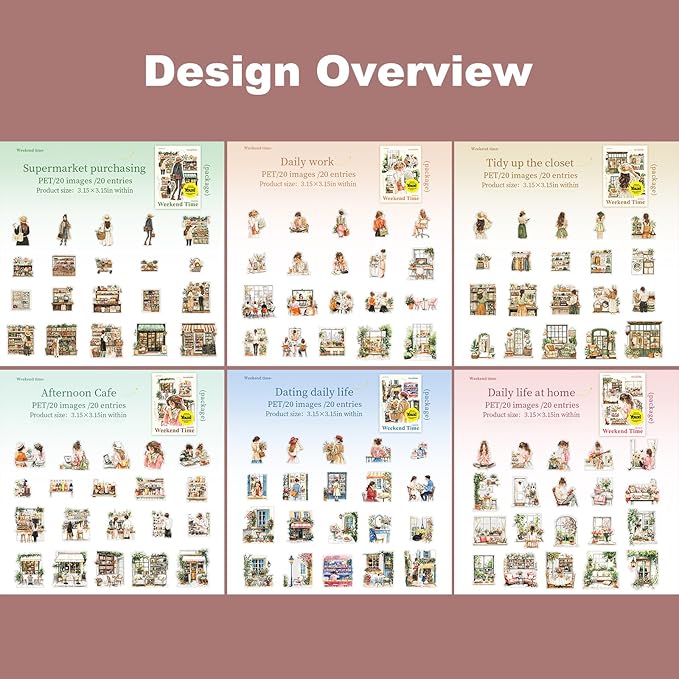 120PCS Cozy Daily Life PET Stickers Set, Character and Aesthetic Scenes for Scrapbooking, Journaling, and DIY Crafts