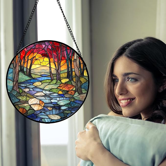 Stained Glass Window Hanging, Red Tree Abstract Sunset Lake Sun Catcher for Window Home Decor Landscape Suncatcher Mother's Day Birthday Gifts for Women Men Mom and Nana 15 in