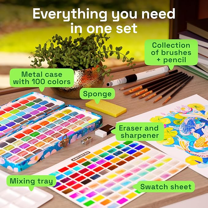 ARTISTRO 100 Ultimate Watercolors Paint Set – Vivid Colors in a Portable Box – Travel Watercolor Set with Complete Palette