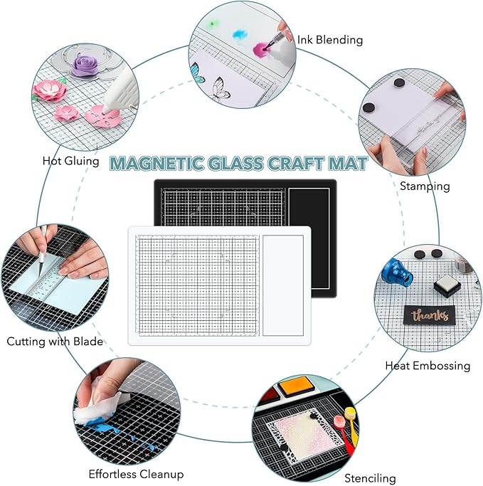 2PcsMagnetic Glass Craft Mat and Non-Stick Craft Mat Set Heat Resistant Glass Media Cutting Mat W/Magnets Gridlines and Measurements; for Stamping, Ink Blending, Stenciling Scrapbooking Craft Project