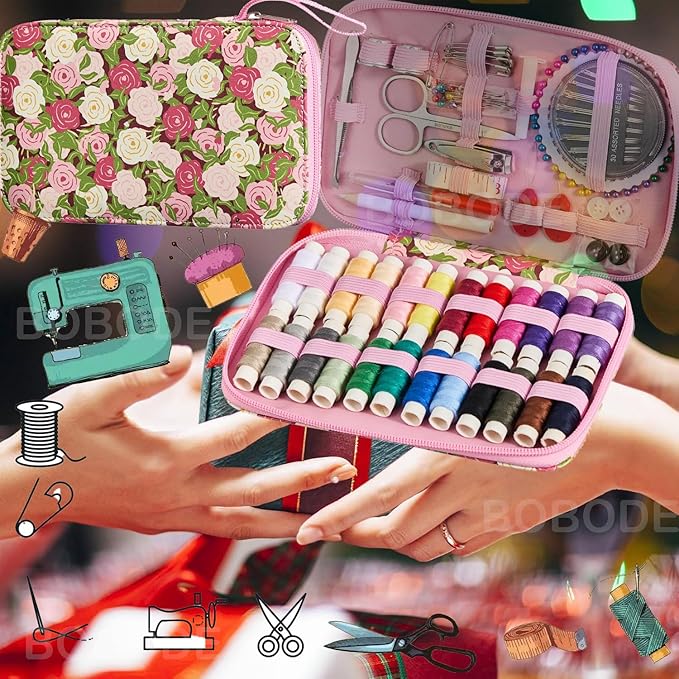 Rose Floral Sewing Kit with 130 PCS Sewing Supplies Accessory,PU Zipper Sewing Needles Set, Professional Travel Sewing Kit for Adults,Emergency, Home