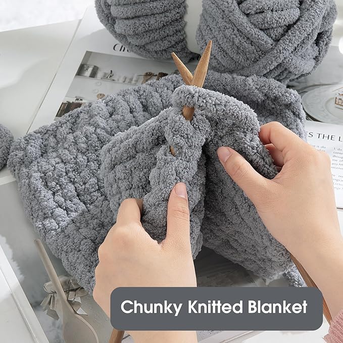 HOMBYS Grey Chunky Chenille Yarn for Hand Knitting,Fluffy Soft Jumbo Yarn Crocheting,Super Bulky Big Yarn for Chunky Blanket,Large Thick Arm Knitting Yarn,8 Pack Plush Fuzzy Yarn