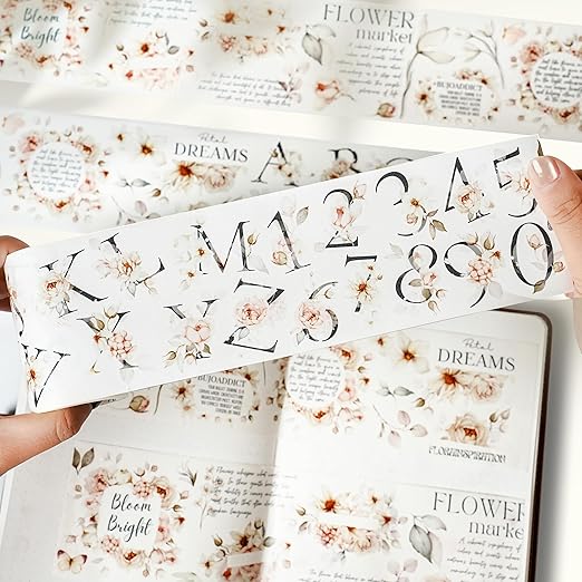WT Pre-Cut Rosé Scripts Wide Washi Tape, Single Roll, Original Designs, Blush Floral & Handwritten Script, Japanese Decorative Paper Tape, Junk Journal Scrapbook Bujo Planner DIY Craft Supplies