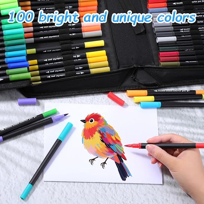 100 Colors Dual Brush Marker Pens, Artist Marker Set with Fine Brush Tip Pen Art Markers for Adults Kids Coloring Books Bullet Journaling Drawing Painting Card Making