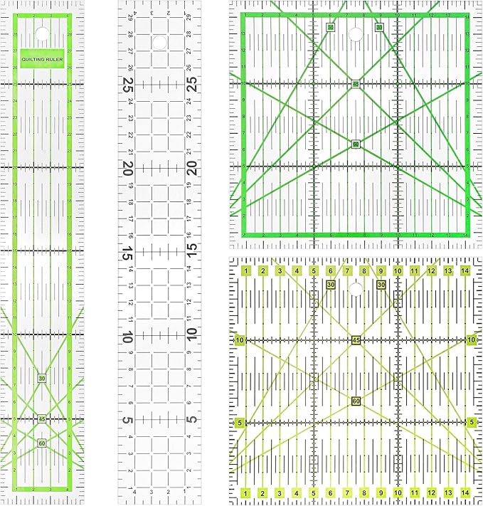 4 Piece Quilting Rulers and Templates Acrylic Square Ruler for Cutting Fabric, Square Quilting Rulers with Non Slip Rings Sewing Quilt Strip Rulers 5.91" × 5.91" 11.81" × 1.97" (Black/Green)
