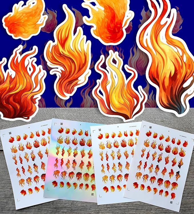 Stickers Pack (Over 150 Stickers) Amazing Bright Paintings of Fires Vintage Styled Small Vinyl Stickers White Holographic Transparent