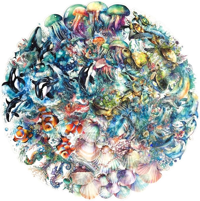 Yoksas 60Pcs Holographic Ocean Life Jellyfish Turtles Stickers - Sea Marine Animal Whales Dolphins Seahorses Stickers for Junk Journal,Scrapbooking Supplies,Planner