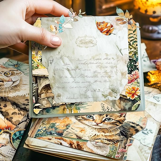 12 Sheets Vintage Cottagecore Watercolor Cat Scrapbook Paper Pack 6" x 6" – Floral Aesthetic Decoupage Craft Paper for Junk Journals, Card Making, Collage, DIY Art Supplies