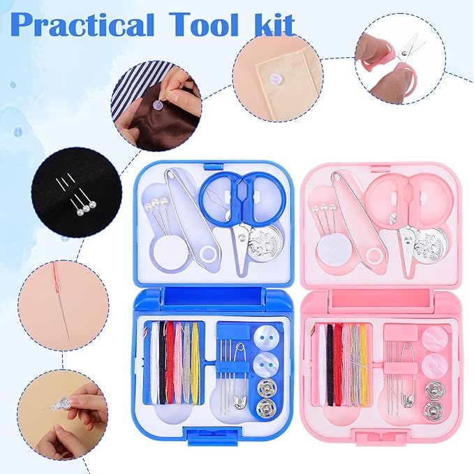 2 Pack Mini Travel Sewing Kit, Portable Emergency Repair Kit, Square-Shaped Plastic Sewing Box with Threads, Scissors, Needles for Women, Mom, Travelers, DIY Craft, Beginner Friendly (Blue/Pink)