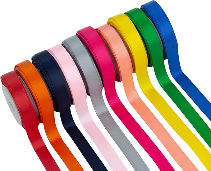 VATIN Solid Color Double Sided Polyester Satin Ribbon 10 Colors 3/8" X 5 Yard Each Total 50 Yds Per Package Ribbon Set, Perfect for Gift Wrapping, Hair Bow, Trimming, Sewing and Other Craft Projects
