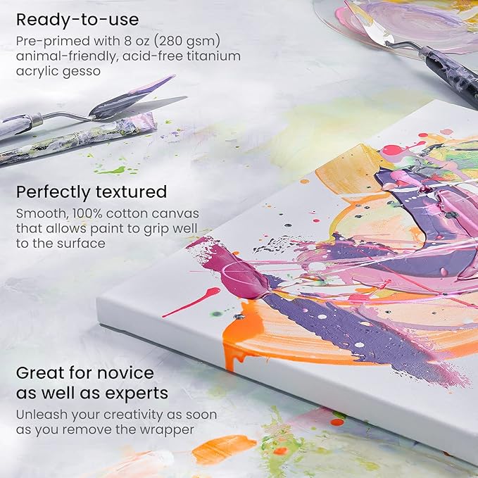 ARTEZA Stretched Canvas, 5 x 7, 8 x 10, 11 x 14, 12 x 16, 16 x 20 Inches, Multipack of 10, Blank White Canvas for Acrylic, Oil and Gouache Painting