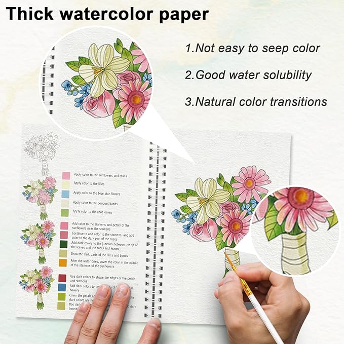 Watercolor Workbook for Beginners with Step-by-Step - 12 Watercolor Coloring Pages - 100% Cotton 300gsm/140lb Watercolor Paper - Gift for Women,Adults, Teens (Flower)