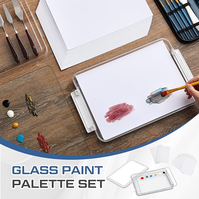 Nuanchu 1 Pcs 9 x 12 Inch Clear Tempered Glass Palette for Oil Painting with Lid and 40 Sheets Disposable Paper and 2 Sponges Keeps Wet Paint Fresh for Artist DIY Color Mixing Beginners