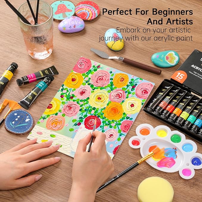 47 Pack Acrylic Paint Set, Shuttle Art 15 Colours (12ml Each, 2Pack) Acrylic Paint with 10 Brushes Painting Canvas Knife Palette Sponge, Complete Gift Set for Kids, Adults Painting Canvas, Ceramic