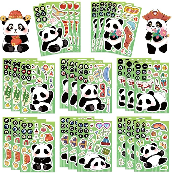 24 Sheets Panda Make a Face Stickers, Mix & Match Facial Feature Decals, Waterproof Vinyl Animal Stickers for Journaling Scrapbooking and Creative Collage