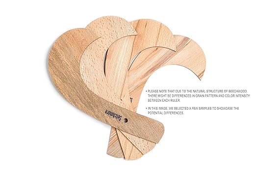 7 Piece Beech Wood Sewing Ruler Set, Wooden Pattern Making & Drafting Tools for Dressmaking Tailoring & Fashion Designer, with Straight Edge, Triangle, French & Hip Curve & Vary Form Curve