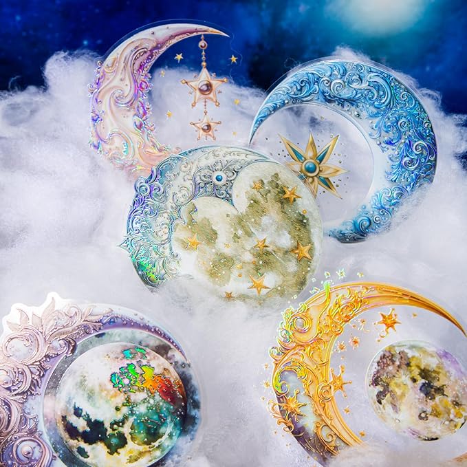 Yoksas 36Pcs Large Holographic Fantasy Moon Stickers - Waterproof Shiny Aesthetics Celestial Lunar Stickers for Scrapbooking,Junk Journals,Planner