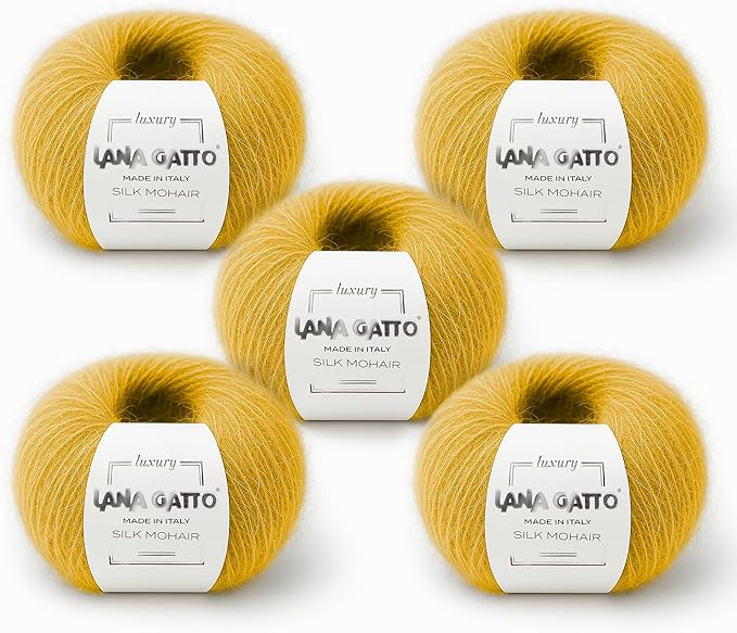 5 Skeins, Silk Mohair Luxury Yarns, Premium and Soft Blend for Knitting and Crocheting, Made in Italy (Yellow - 14531, 5)