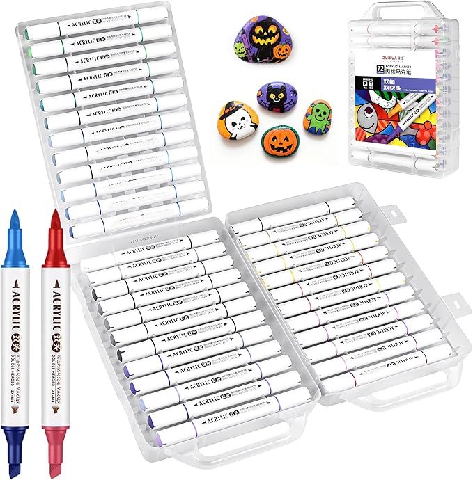 72 Colors Paint Markers, Acrylic Paint Pens with 36 Dual-Color Brush Tips,Waterproof Markers for Rock Painting, Wood, Canvas, Stone, Glass, Ceramic Surfaces, DIY Crafts Making Art Supplies