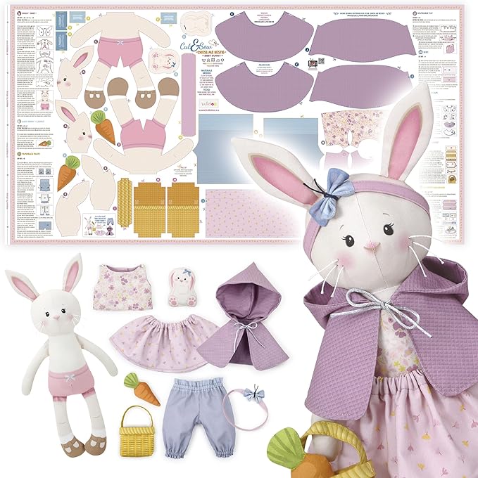 kullaloo Doll Sewing Panel for Intermediate Skills - with Video Instructions - Cut & Sew Fabric Panel Doll with Clothes: Dress Me Bestie Bibby Bunny