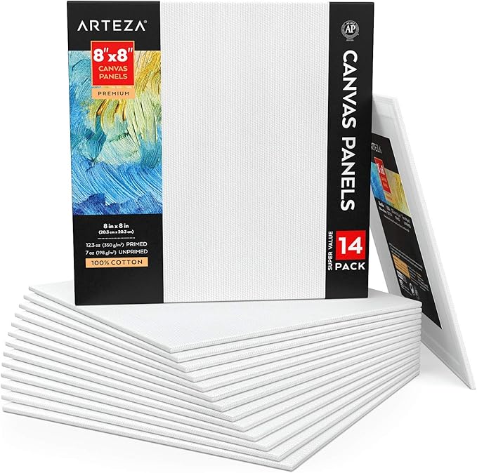 ARTEZA Canvas Panels 8x8 Inch, White Blank Pack of 14, 100% Cotton, 12.3 oz Primed, 7 oz Unprimed, Acid-Free, for Acrylic & Oil Painting, Professional Artists, Hobby Painters & Beginners