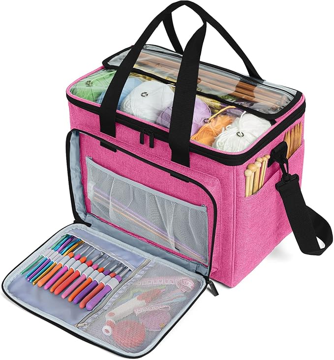 Teamoy Knitting Bag, Yarn Tote Organizer with Inner Divider (Sewn to Bottom) for Crochet Hooks, Knitting Needles(Up to 14”), Project and Supplies -No Accessories Included, Pink
