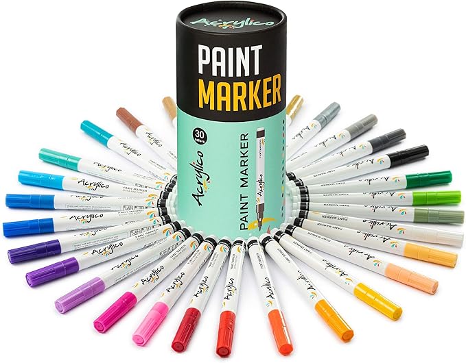 Acrylic Paint Markers Set of 30 Paint Pens – Fine Tip for Rock, Fabric, Wood, Ceramic, Glass & Canvas – Permanent Art Supplies for Kids & Adults