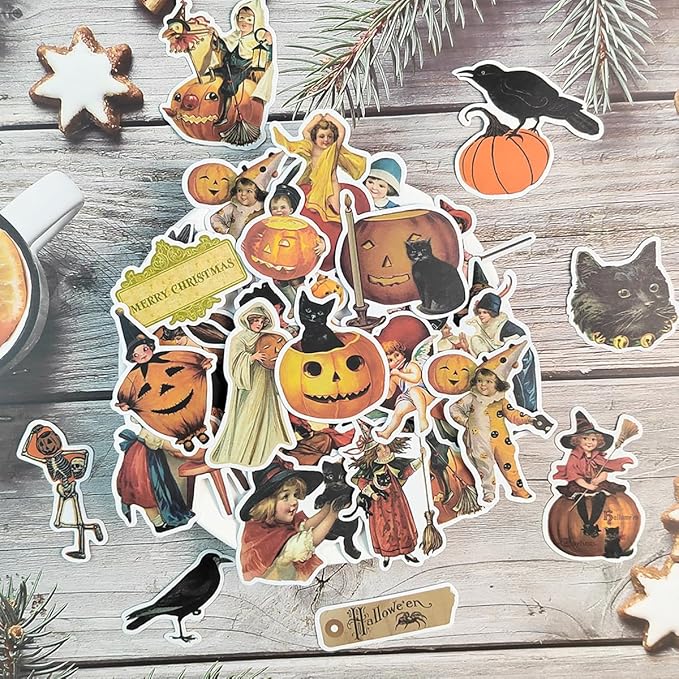 100 Pcs Vintage Witch Stickers, Retro Pumpkin Stickers for Scrapbook, Junk Journal, Collages, Halloween Party Favors, Waterproof Vinyl Stickers for Laptop, Phone, Window, Water Bottles