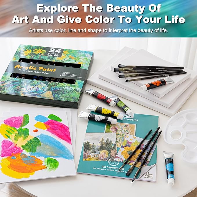 Inburit Paint Set for Adults & Kids, Painting Supplies Kit with 6 Canvases, 24 Acrylic Paints(22ml), 8 Brushes, 1Painting pad, Palette, Deluxe Paint Set for Kids, Student & Artist