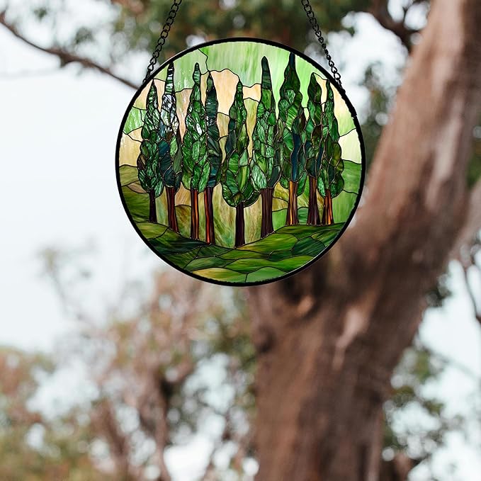 Stained Glass Window Hanging 4 Pcs Set Forest Green Trees Winter Snow Large 11.8" - Suncatcher Door Garden Sun Catcher Home Decor Birthday Mother's Day for Woman Nana Mom Men