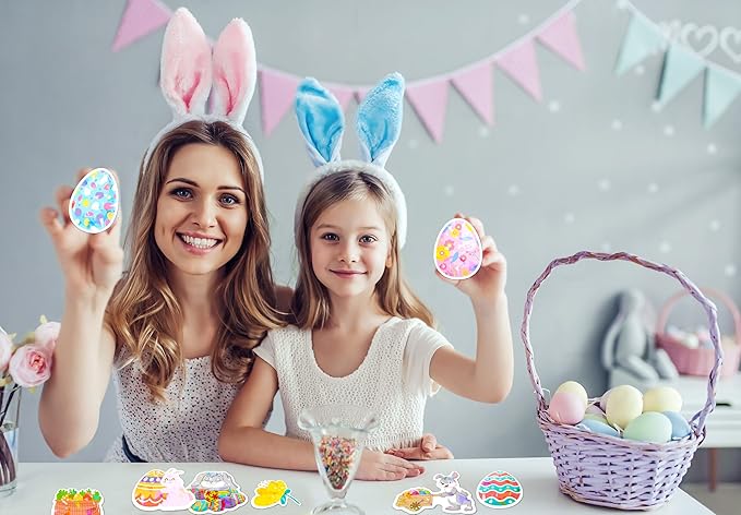 100 Pcs Holographic Easter Stickers,Easter Egg Stuffers Cute Bunny Rabbits Vinyl Waterproof Stickers Basket Stuffers Gifts
