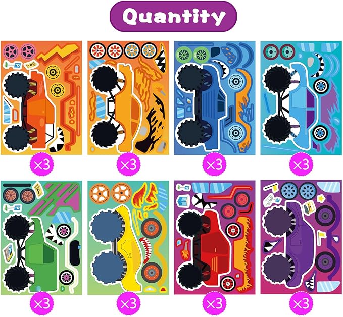 24 Sheets Monster Truck Sticker, Monster Truck Party Favor, Make Your Own Stickers Cartoon Car Make-a-face Stickers Classroom Activities Birthday Gift for Girls Boys
