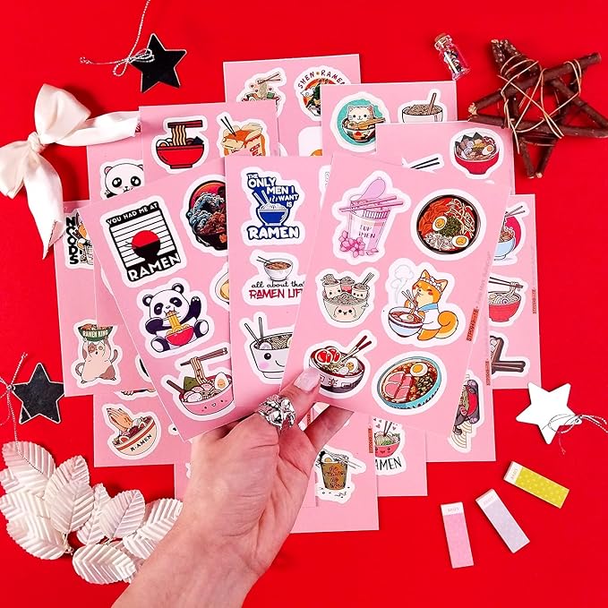 BulbaCraft Ramen Stickers for Water Bottle and Laptop - Foodie Party Supplies & Decorations, Waterproof Vinyl Noodle Decals, Cute Ramen Stickers Laptop Decals, Gifts for Women & Men